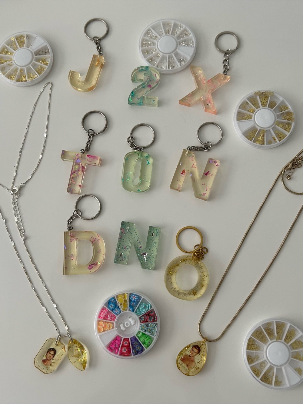 Resin Alphabet Keychains & Pendant Necklace Set - Pastel Yellow, Green,pink .